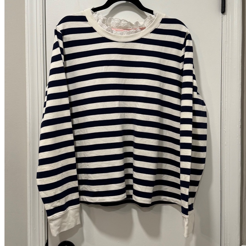Boden Navy and White Striped Lace-Trim Sweatshirt